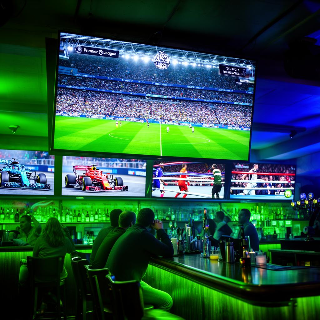 Live sports streaming via IPTV showing top-flight football football, F1 racing and boxing on multiple screens