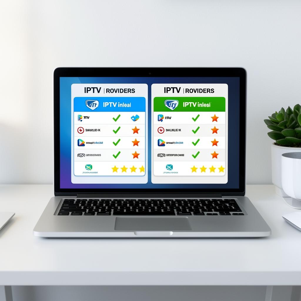 IPTV providers UK comparison chart on laptop showing ratings and feature checkmarks