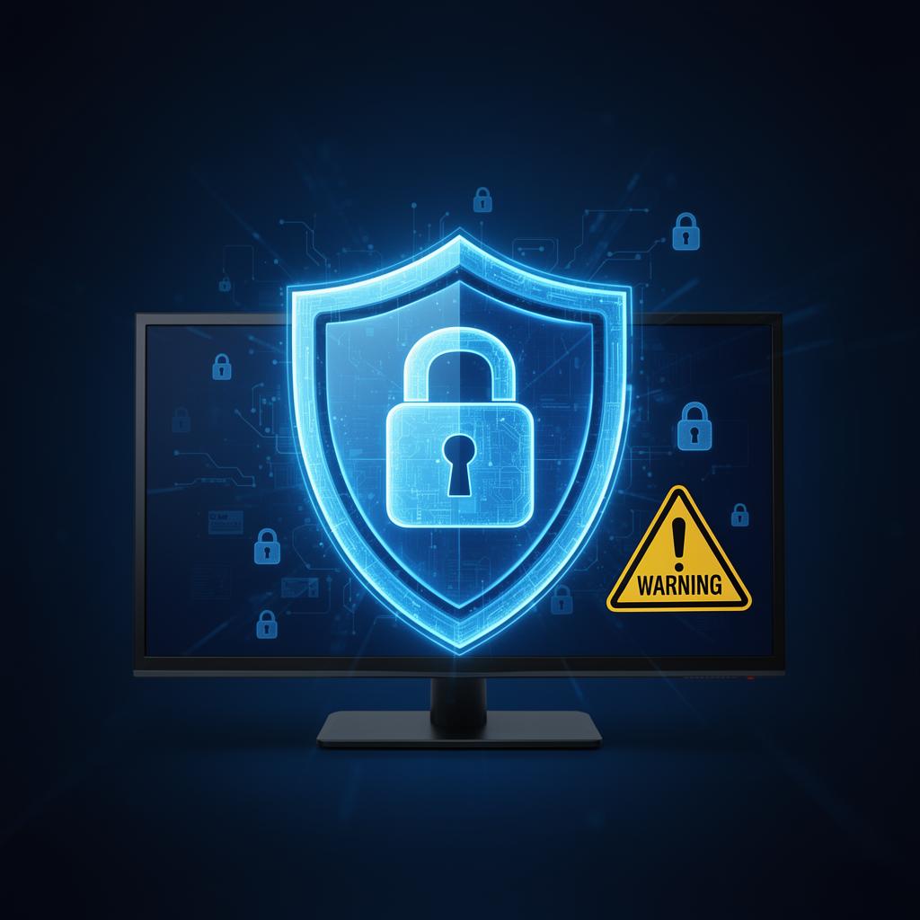 IPTV security shield protecting against online scams with padlock and warning icons