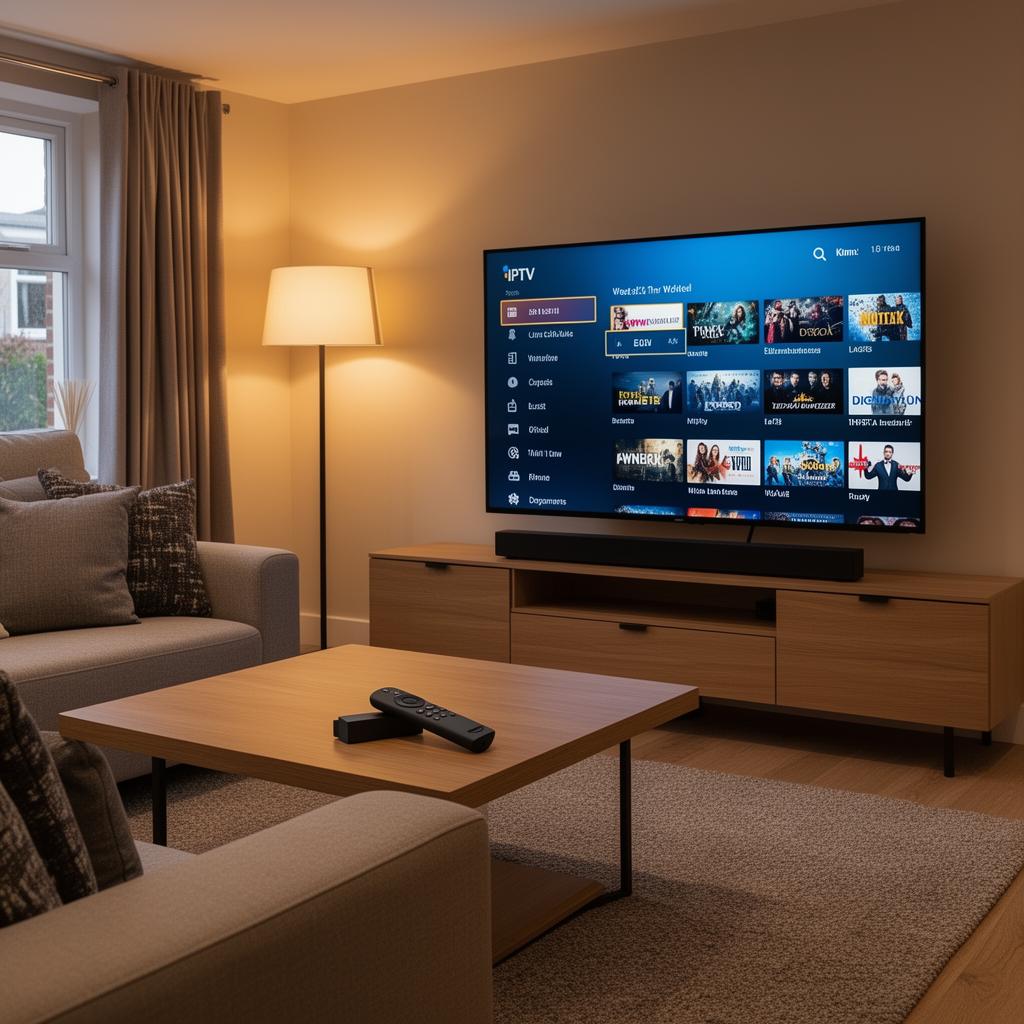IPTV setup guide showing smart TV with streaming interface and Firestick remote in a UK living room