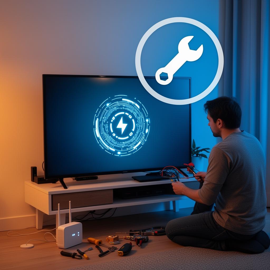 IPTV troubleshooting guide showing person fixing buffering issues on TV with router and tools